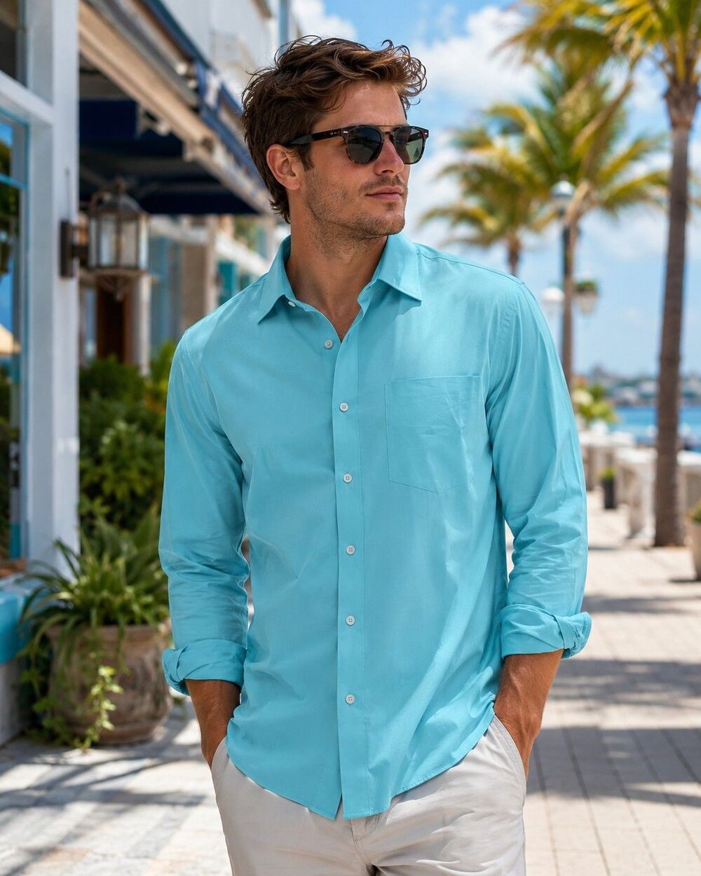 Point Blank Be Formal Dress Shirt Men's LRG (42) Aqua Blue Long Sleeve Button Up